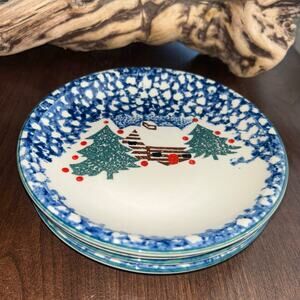 4 Cabin In The Snow by TIENSHAN Christmas plates folk craft dinner 7.5”